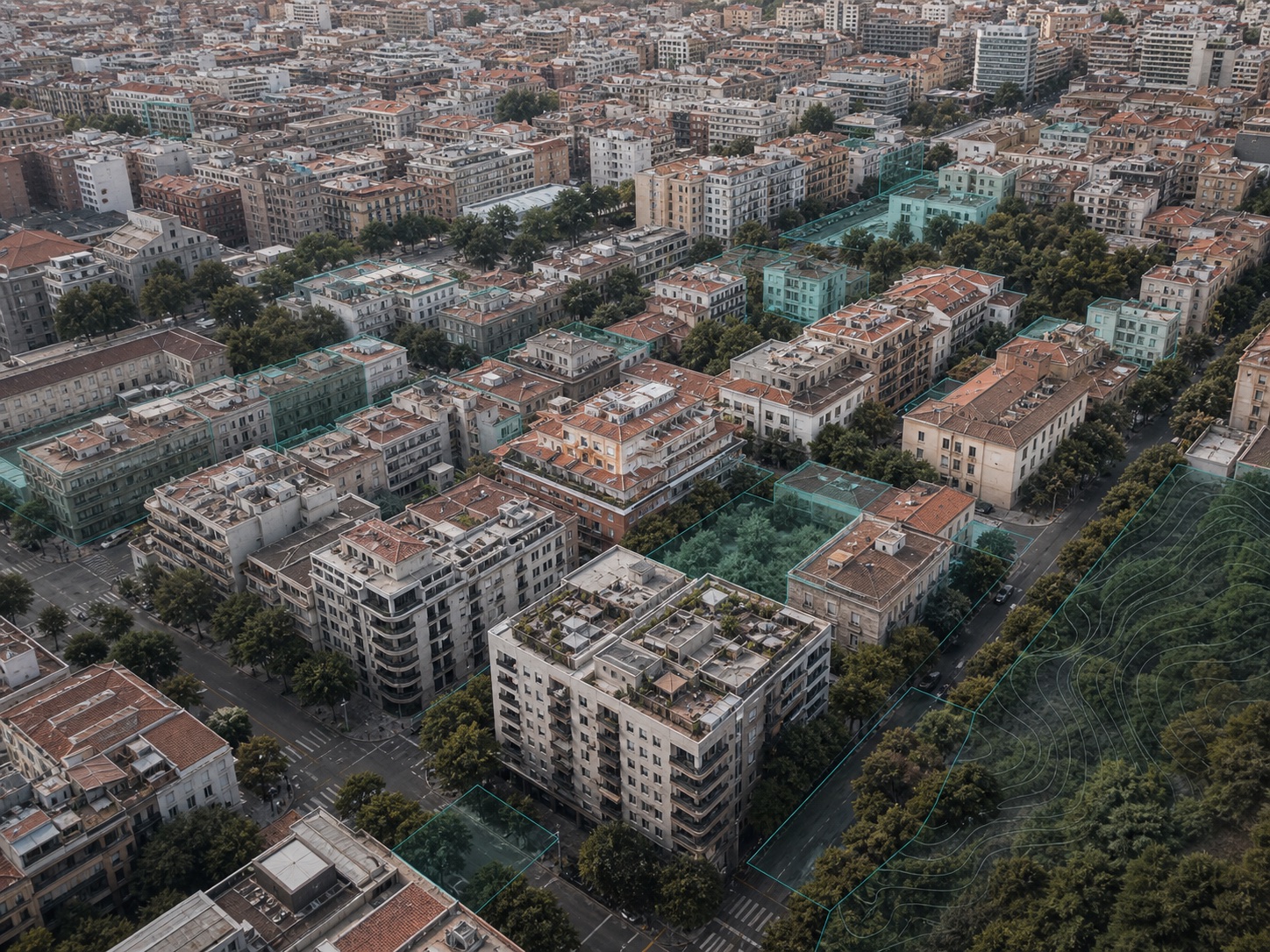 Aerial view of a Spanish residential district with subtle property analysis overlays